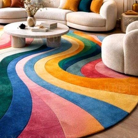 Handcrafted Rainbow Wave Round Living Room Rug